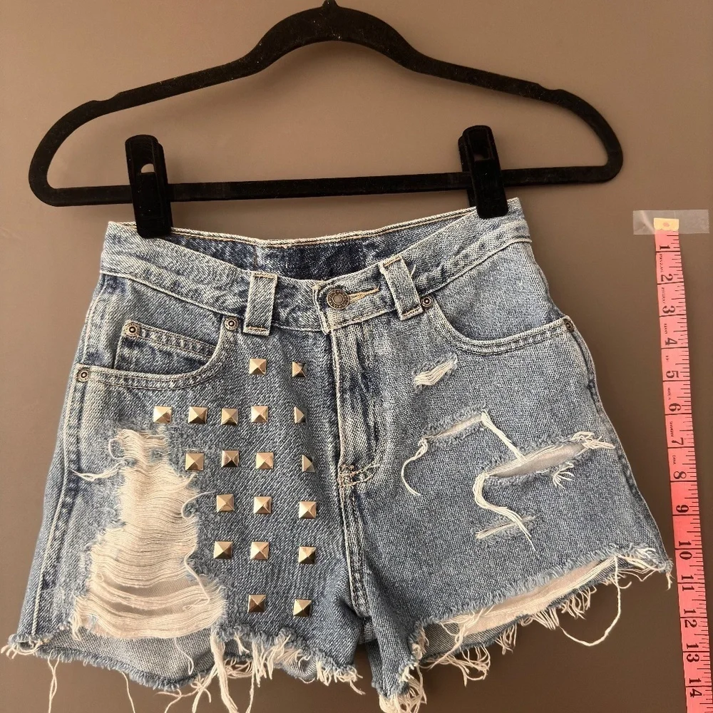 LF ripped denim short shorts with bedazzle on front - Picture 6 of 8